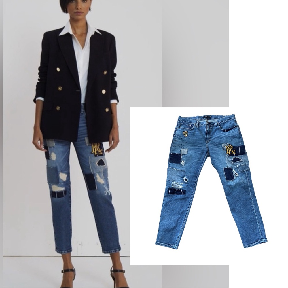Lauren Ralph Lauren Patchwork Boyfriend Ankle Jeans Chic Grunge Women’s 14